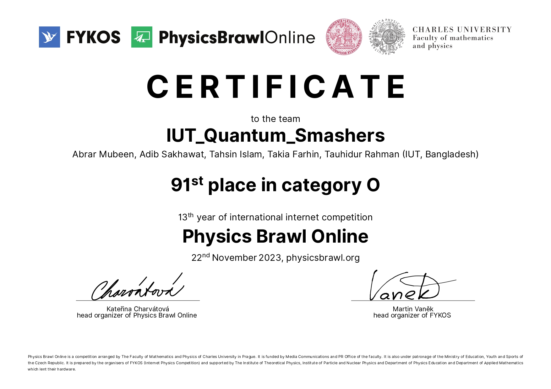 91st Place (Category: O) - Physics Brawl Online 2023